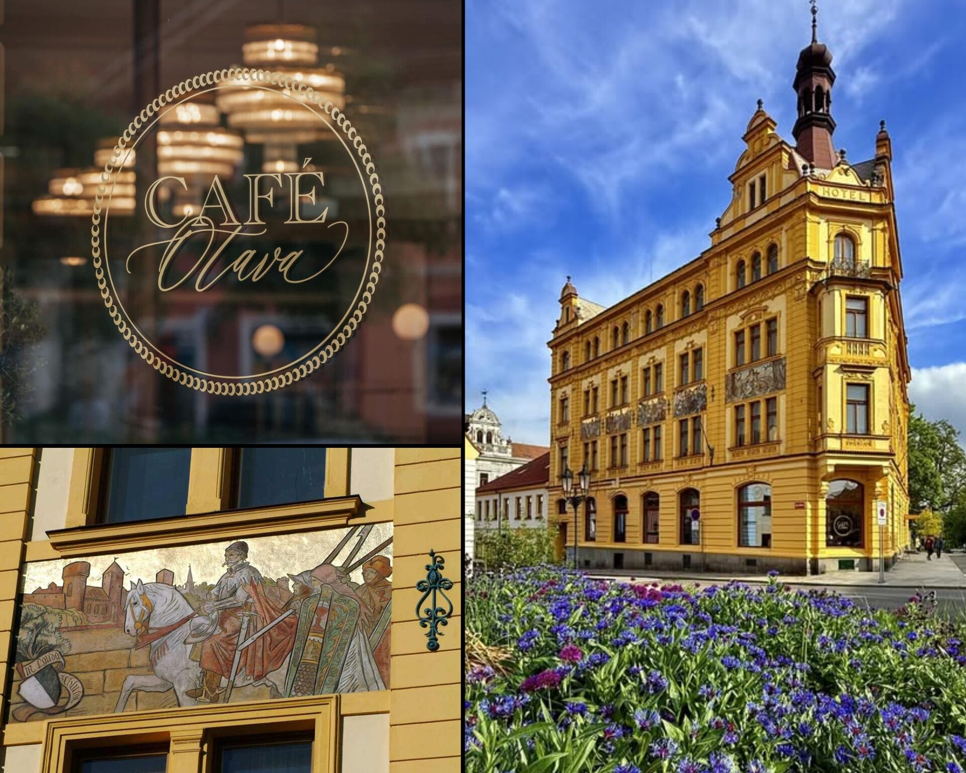 Novorenesančná budova Café Otava v Písku so sgrafitami Mikoláša Alša, detail sgrafita a zlátený nápis Café Otava na sklenených dverách