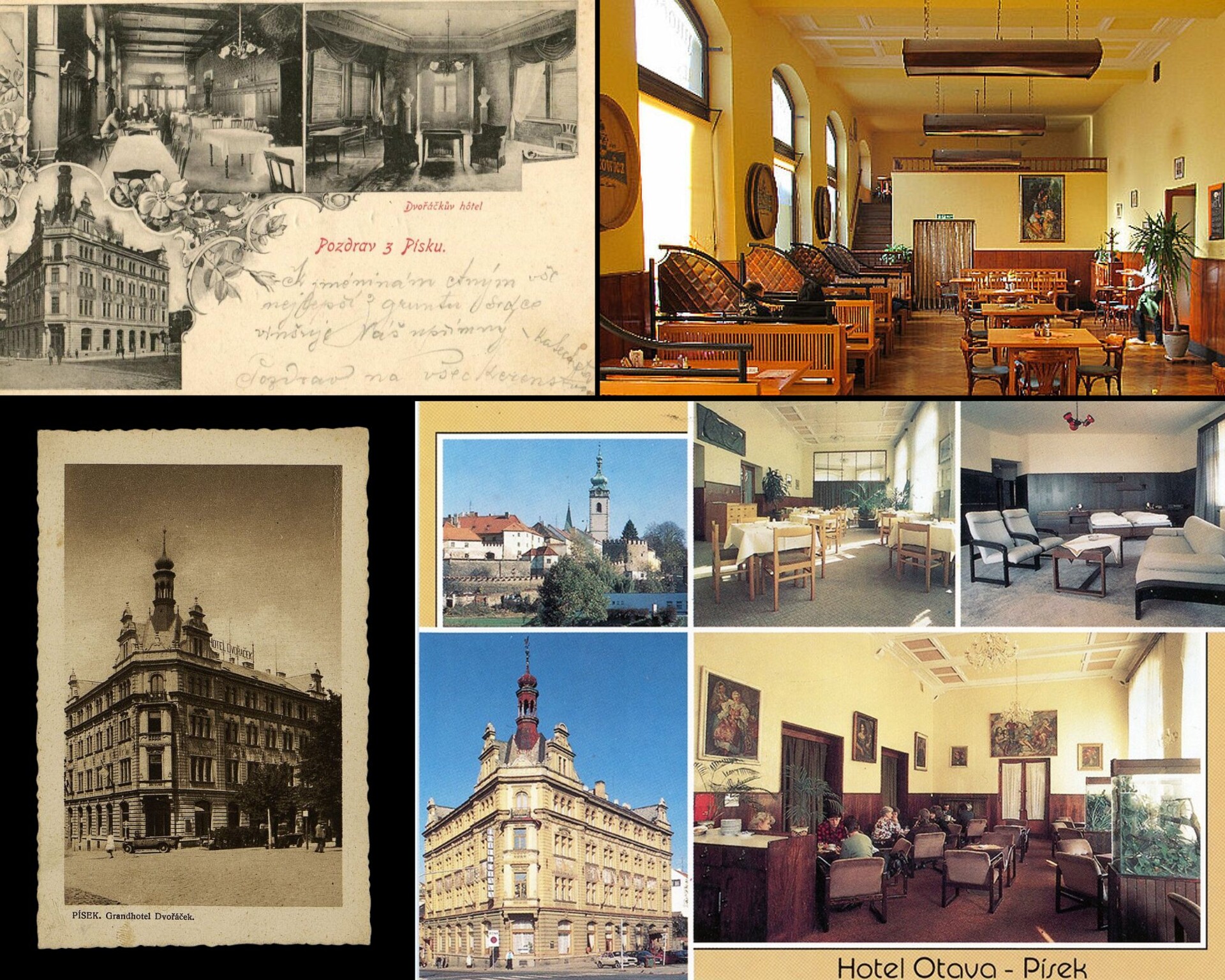 Dobové pohľadnice Grandhotela Dvořáček v Písku a fotografie interiérov Hotela Otava z druhej polovice 20. storočia