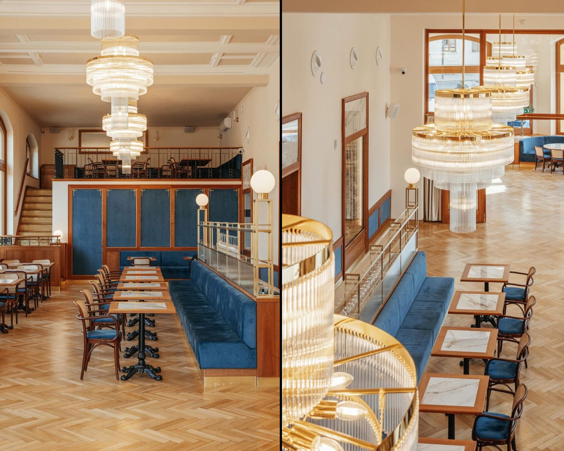 Jedálenská sála Café Otava s modrými čalúnenými lavicami, parketami v rybej kosti a vrstvenými mosadznými lustrami, vpravo pohľad z galérie na poschodí
