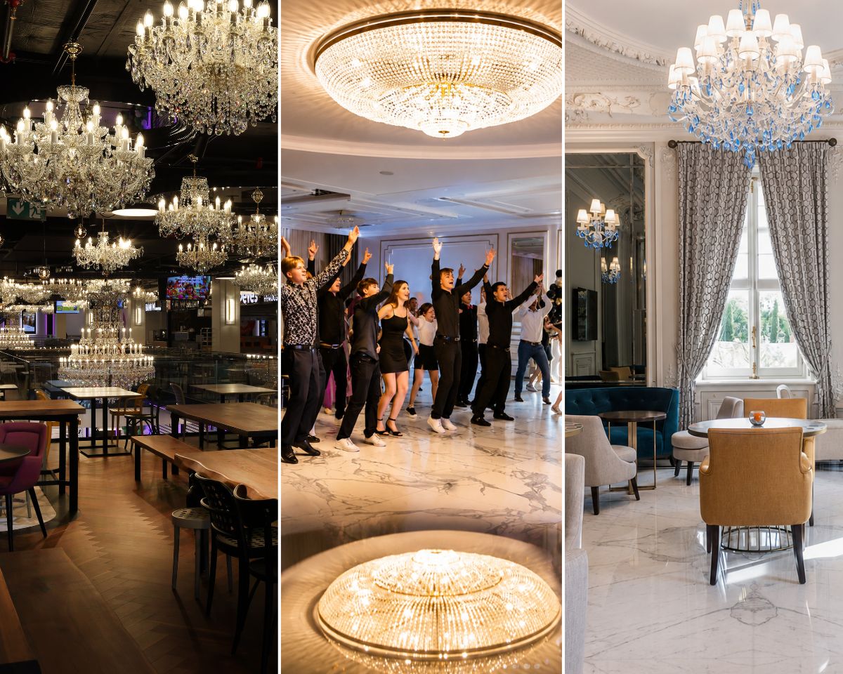 Interiér reštaurácie Bistro Bianco s veľkým krištáľovým lustrom pre reštaurácie, odrážajúcim sa v lesklej mramorovej podlahe. Interiér hotela Villa Genesis na Francúzskej riviére dopĺňajú svietidlá s modrými krištáľovými ovesmi a výhľadom na more.
