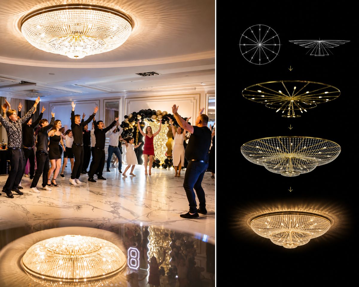Interiér reštaurácie Bistro Bianco s veľkým košovým krištáľovým lustrom s priemerom 220 cm, osadeným ručne brúsenými krištáľovými ovesmi a umiestneným v lesklom kruhovom podhľade.