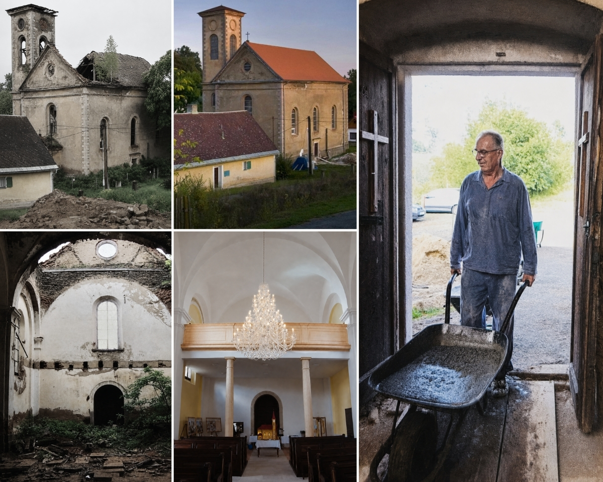 Kostol Všetkých svätých v Boněnove pred renováciou, počas stavebných prác a po dokončení obnovy.