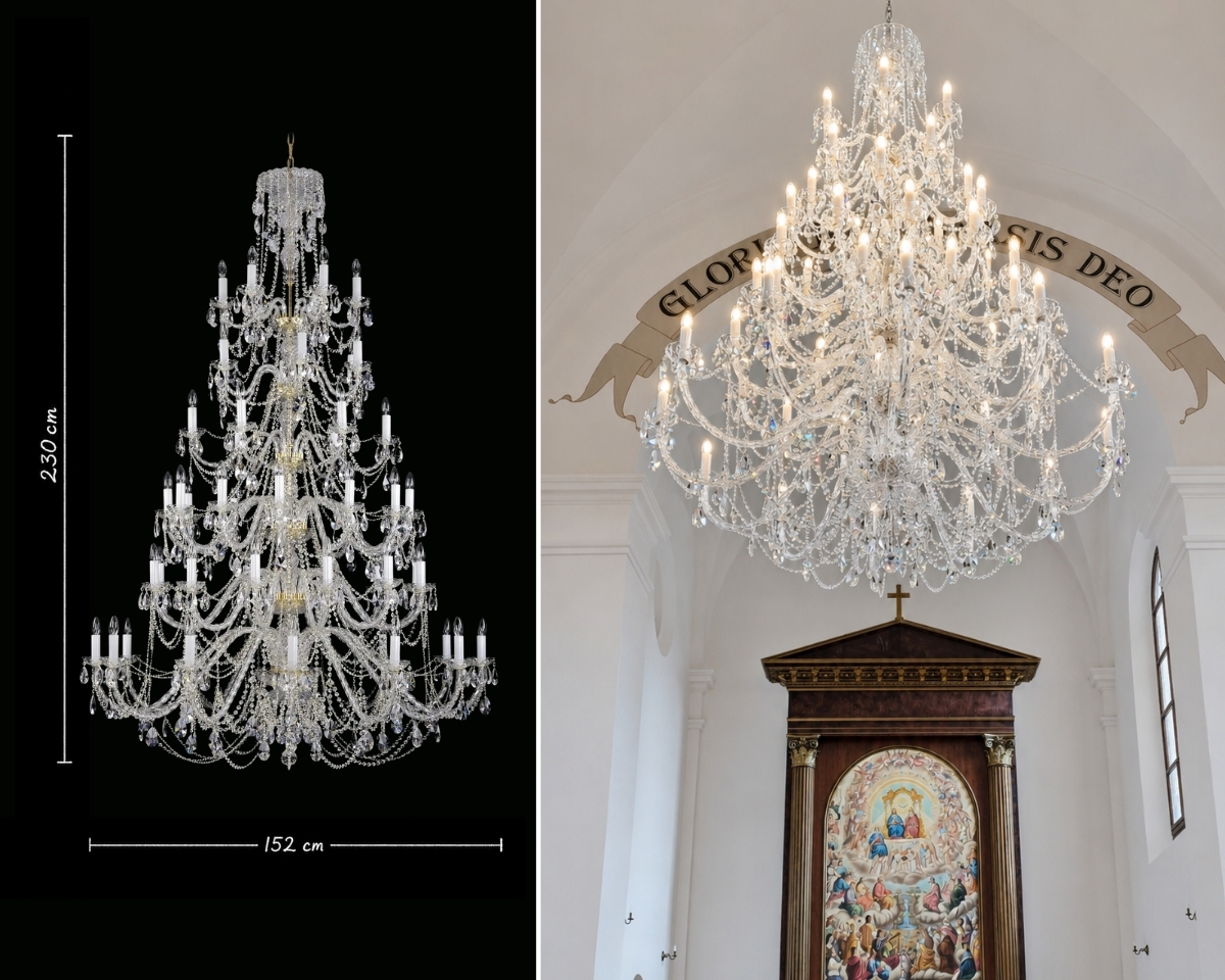 Krištáľový luster AL061K vo výške 230 cm a priemere 152 cm nainštalovaný v kostole Všetkých svätých v Boněnove.