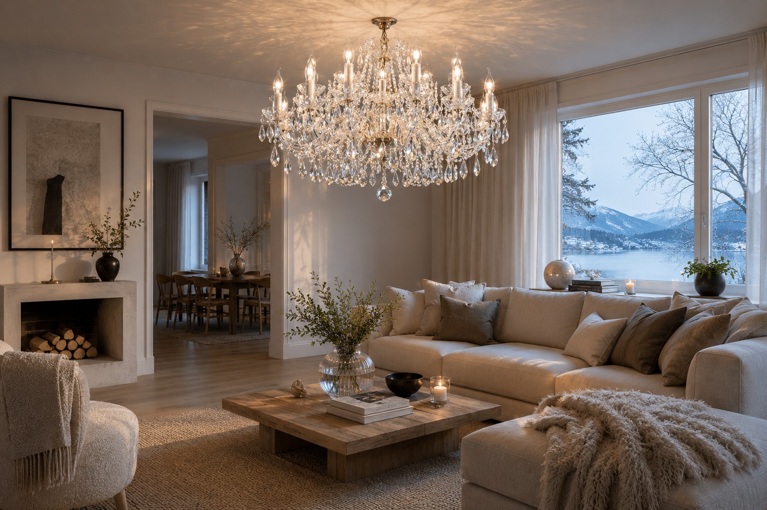 Luxusný brúsený krištáľový luster v modernom škandinávskom interiéri so svetlým drevom, neutrálnymi tónmi a elegantnou atmosférou.
