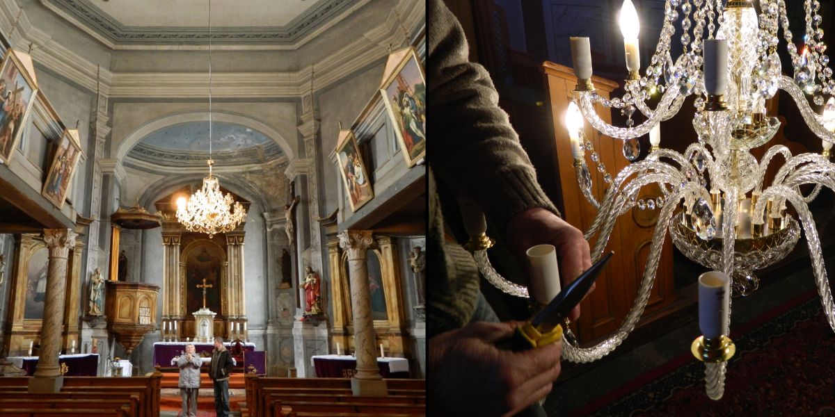 Historické svítilo ArtCrystal Tomeš pro kostel v Karlových Varech, Česká republika.