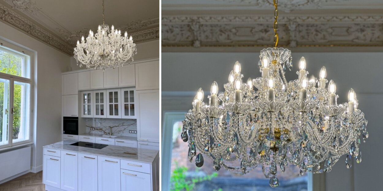 Krištáľové lustre a historické štuky v renovovanom dome