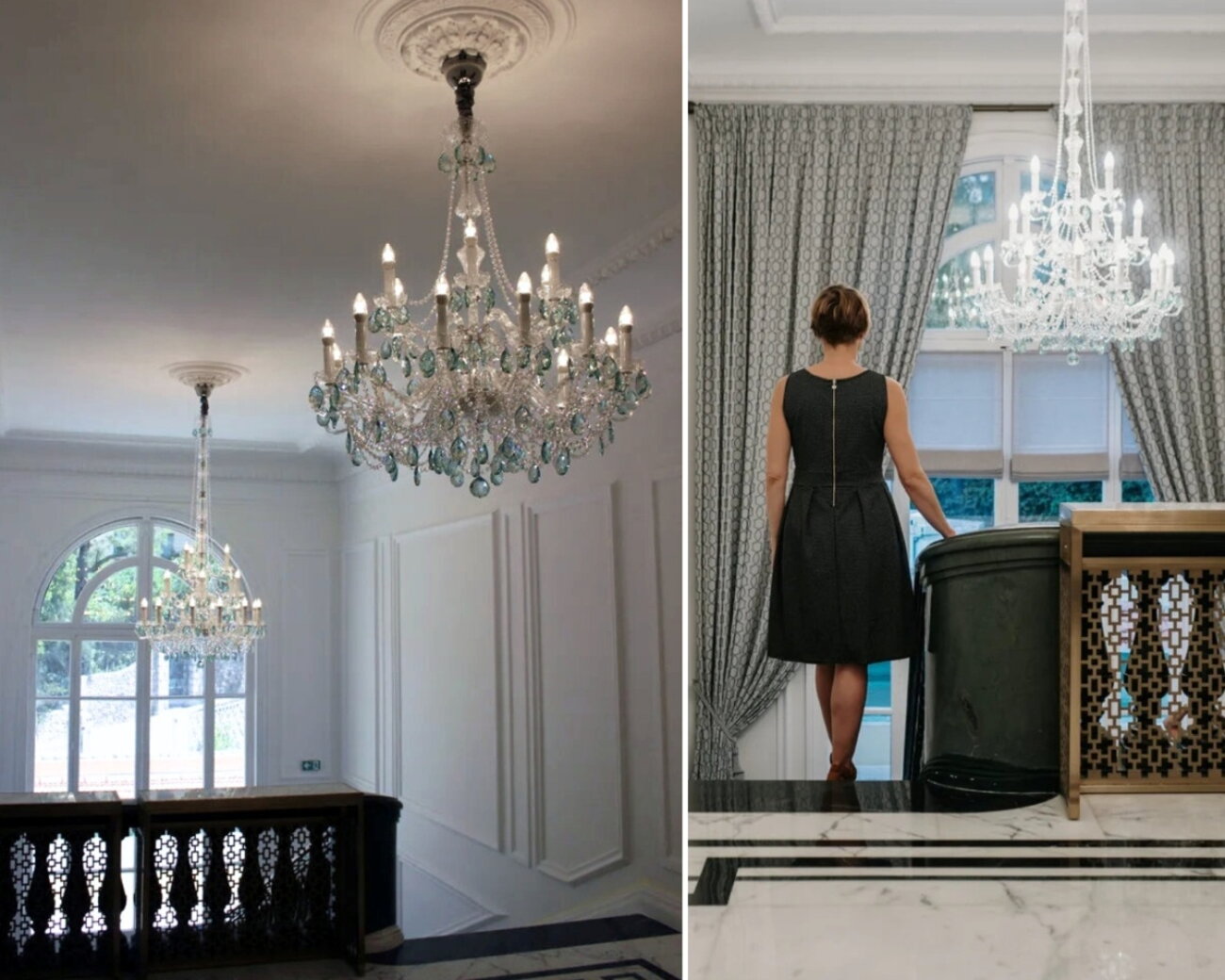 Interiér hotelu s výraznými krištáľovými lustrami podčiarkujúcimi eleganciu priestoru