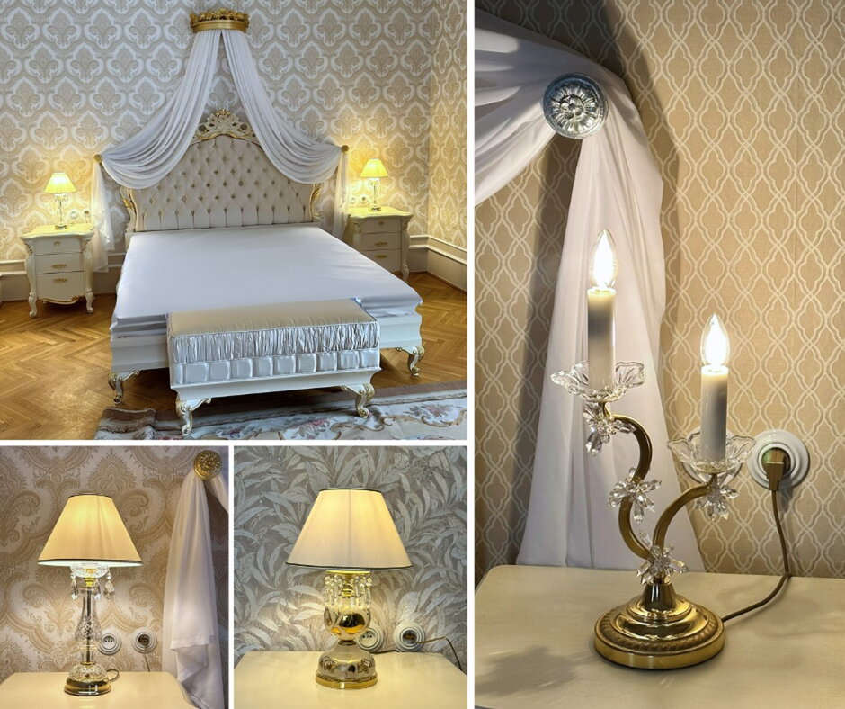 Luxusná spálňa na zámku s čalúnenou posteľou a krištáľovými stolnými lampami